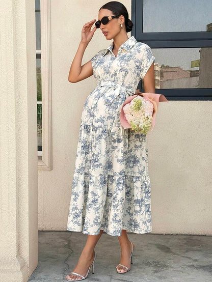 Maternity Allover Print Batwing Sleeve Belted Shirt Dress - Elegant Monochrome Tiered Hem Gown for Work, Vacation, and Summer Events