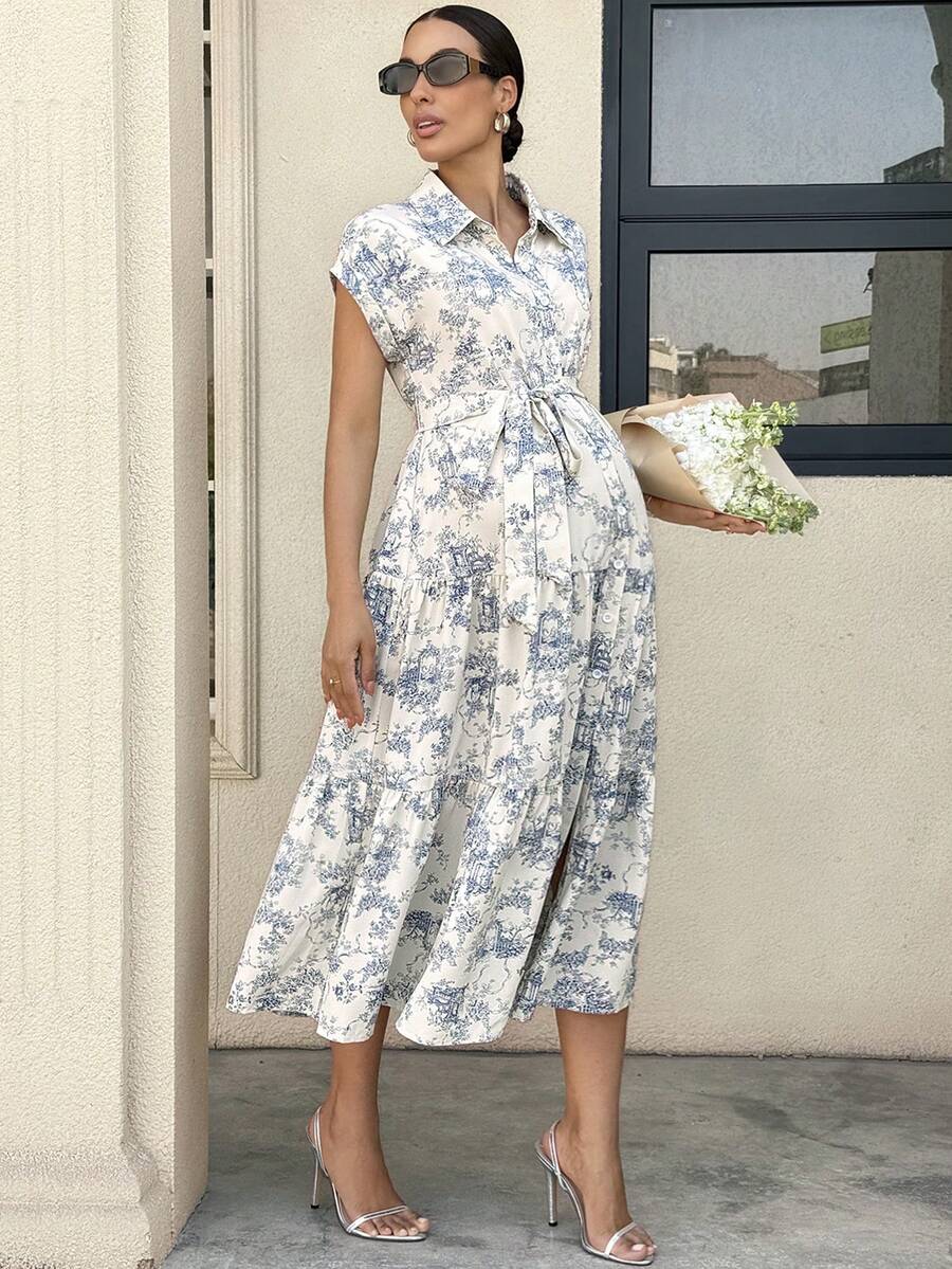 Maternity Allover Print Batwing Sleeve Belted Shirt Dress - Elegant Monochrome Tiered Hem Gown for Work, Vacation, and Summer Events