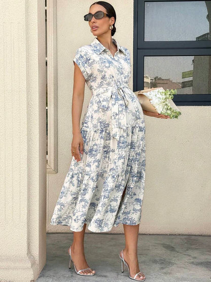 Maternity Allover Print Batwing Sleeve Belted Shirt Dress - Elegant Monochrome Tiered Hem Gown for Work, Vacation, and Summer Events