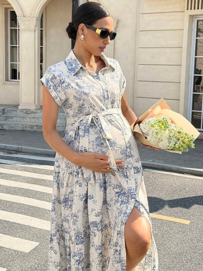 Maternity Allover Print Batwing Sleeve Belted Shirt Dress - Elegant Monochrome Tiered Hem Gown for Work, Vacation, and Summer Events