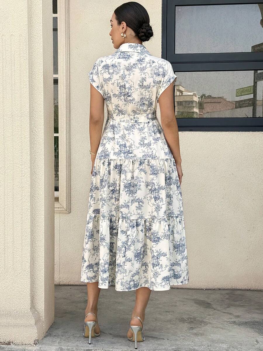 Maternity Allover Print Batwing Sleeve Belted Shirt Dress - Elegant Monochrome Tiered Hem Gown for Work, Vacation, and Summer Events