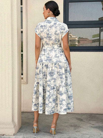 Maternity Allover Print Batwing Sleeve Belted Shirt Dress - Elegant Monochrome Tiered Hem Gown for Work, Vacation, and Summer Events