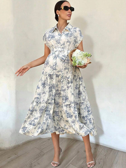 Maternity Allover Print Batwing Sleeve Belted Shirt Dress - Elegant Monochrome Tiered Hem Gown for Work, Vacation, and Summer Events