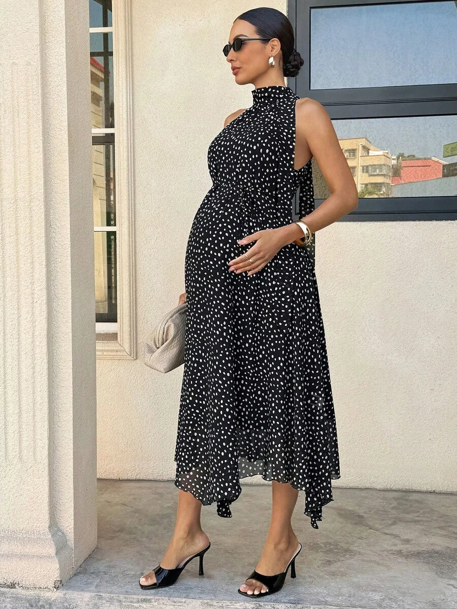 Summer Outfit  Maternity Work Clothes Maternity Work Outfits Work Dresses  Elegant Halter Neck Black Polka Dot Asymmetrical Hem, Flowing Tie, Maternity Dress For Working Professionals. Maternity Vacation Allover Print Asymmetric Hem Fashionabl