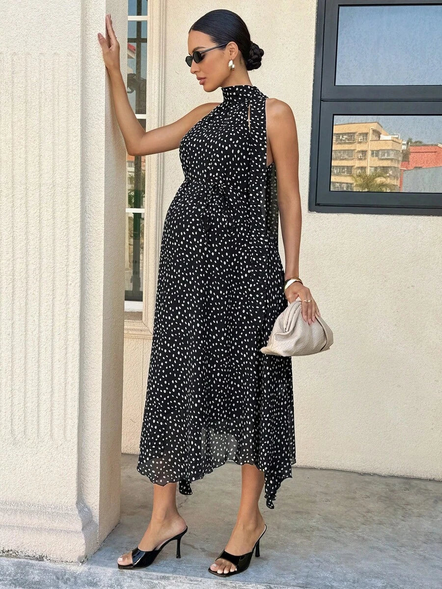 Summer Outfit  Maternity Work Clothes Maternity Work Outfits Work Dresses  Elegant Halter Neck Black Polka Dot Asymmetrical Hem, Flowing Tie, Maternity Dress For Working Professionals. Maternity Vacation Allover Print Asymmetric Hem Fashionabl