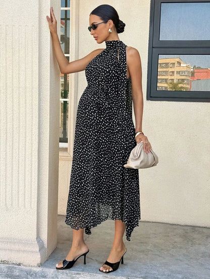 Summer Outfit  Maternity Work Clothes Maternity Work Outfits Work Dresses  Elegant Halter Neck Black Polka Dot Asymmetrical Hem, Flowing Tie, Maternity Dress For Working Professionals. Maternity Vacation Allover Print Asymmetric Hem Fashionabl