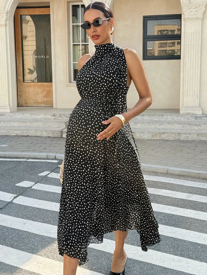 Summer Outfit  Maternity Work Clothes Maternity Work Outfits Work Dresses  Elegant Halter Neck Black Polka Dot Asymmetrical Hem, Flowing Tie, Maternity Dress For Working Professionals. Maternity Vacation Allover Print Asymmetric Hem Fashionabl