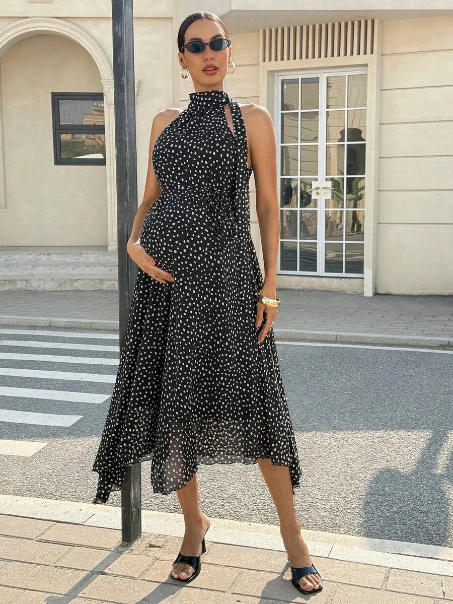 Summer Outfit  Maternity Work Clothes Maternity Work Outfits Work Dresses  Elegant Halter Neck Black Polka Dot Asymmetrical Hem, Flowing Tie, Maternity Dress For Working Professionals. Maternity Vacation Allover Print Asymmetric Hem Fashionabl
