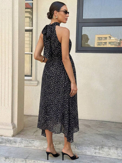 Summer Outfit  Maternity Work Clothes Maternity Work Outfits Work Dresses  Elegant Halter Neck Black Polka Dot Asymmetrical Hem, Flowing Tie, Maternity Dress For Working Professionals. Maternity Vacation Allover Print Asymmetric Hem Fashionabl