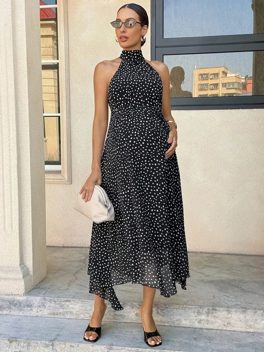 Summer Outfit  Maternity Work Clothes Maternity Work Outfits Work Dresses  Elegant Halter Neck Black Polka Dot Asymmetrical Hem, Flowing Tie, Maternity Dress For Working Professionals. Maternity Vacation Allover Print Asymmetric Hem Fashionabl