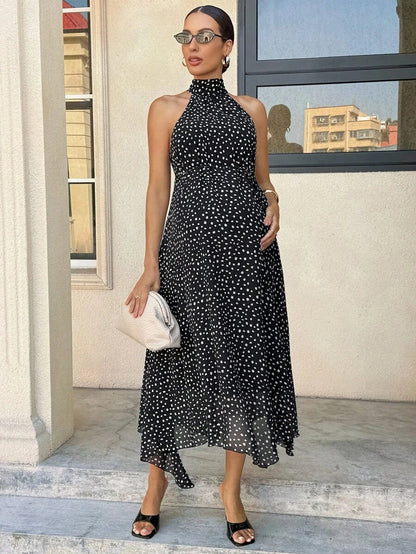 Summer Outfit  Maternity Work Clothes Maternity Work Outfits Work Dresses  Elegant Halter Neck Black Polka Dot Asymmetrical Hem, Flowing Tie, Maternity Dress For Working Professionals. Maternity Vacation Allover Print Asymmetric Hem Fashionabl