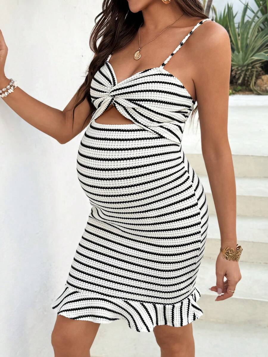 Maternity Pink Striped Cutout Spaghetti Strap Bodycon Dress Sexy Sleeveless Baby Shower Beach Vacation Mini Dress