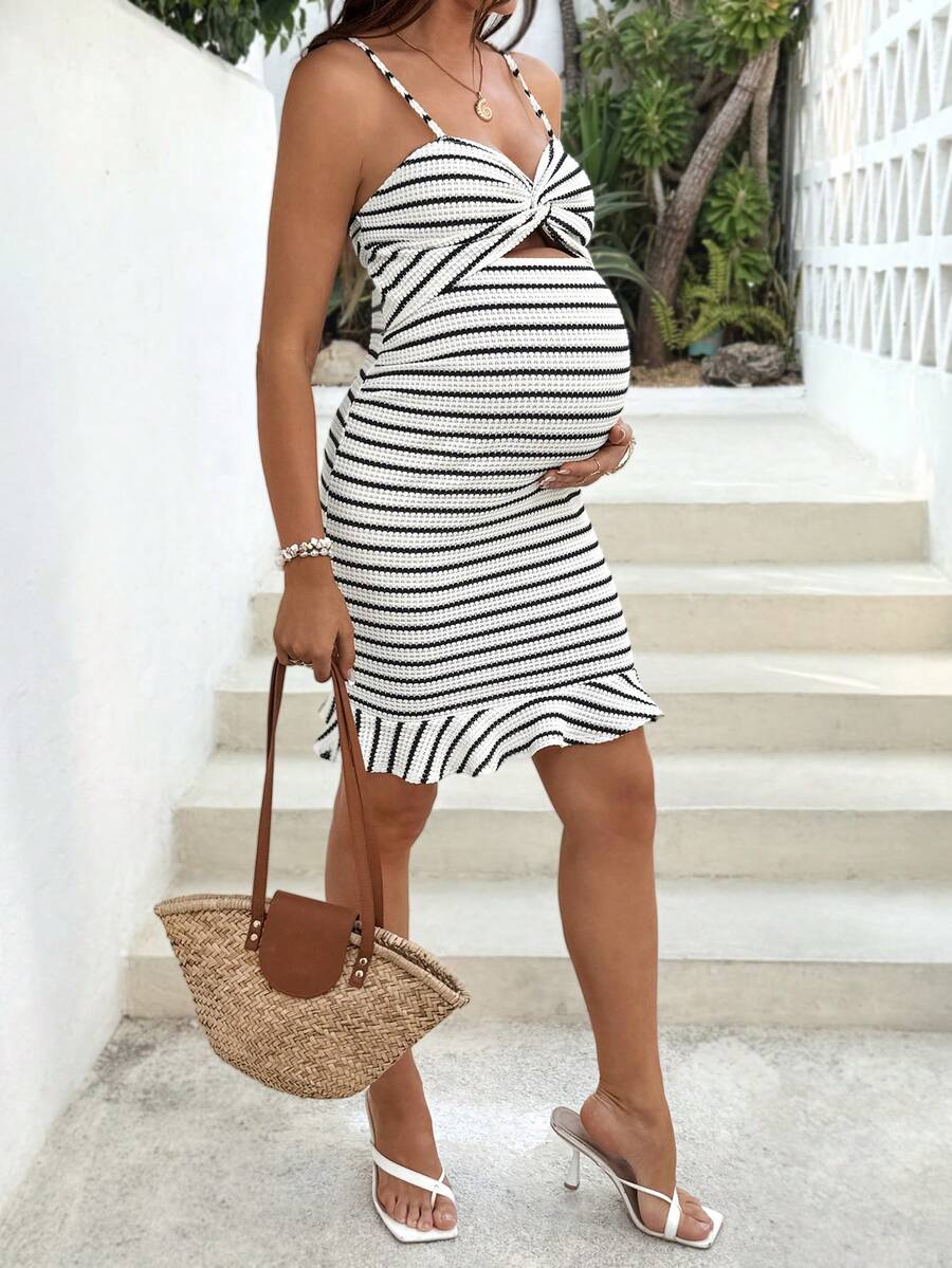Maternity Pink Striped Cutout Spaghetti Strap Bodycon Dress Sexy Sleeveless Baby Shower Beach Vacation Mini Dress