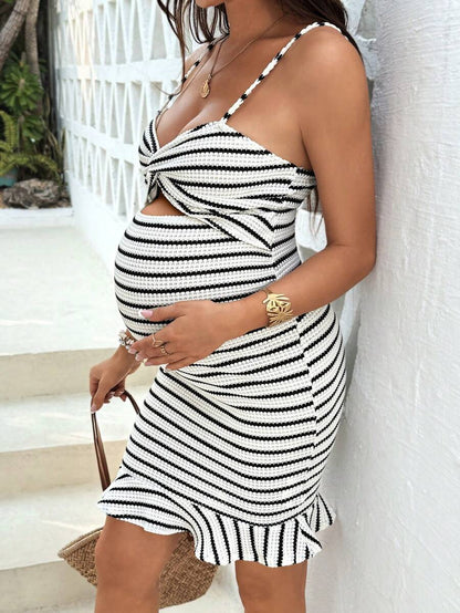 Maternity Vacation Casual Hot Pink Striped Twist Hollow Out Fitted Camisole Dress for Beach and Summer