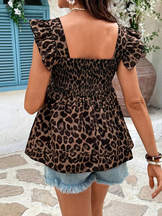 Brown Leopard Print Square Neck Ruffle Hem Peplum Top Slim Fit Flounce Cap Sleeve Summer Beach Shirt for Women