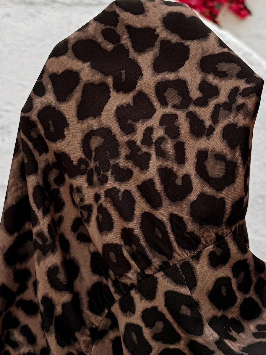 Brown Leopard Print Square Neck Ruffle Hem Peplum Top Slim Fit Flounce Cap Sleeve Summer Beach Shirt for Women