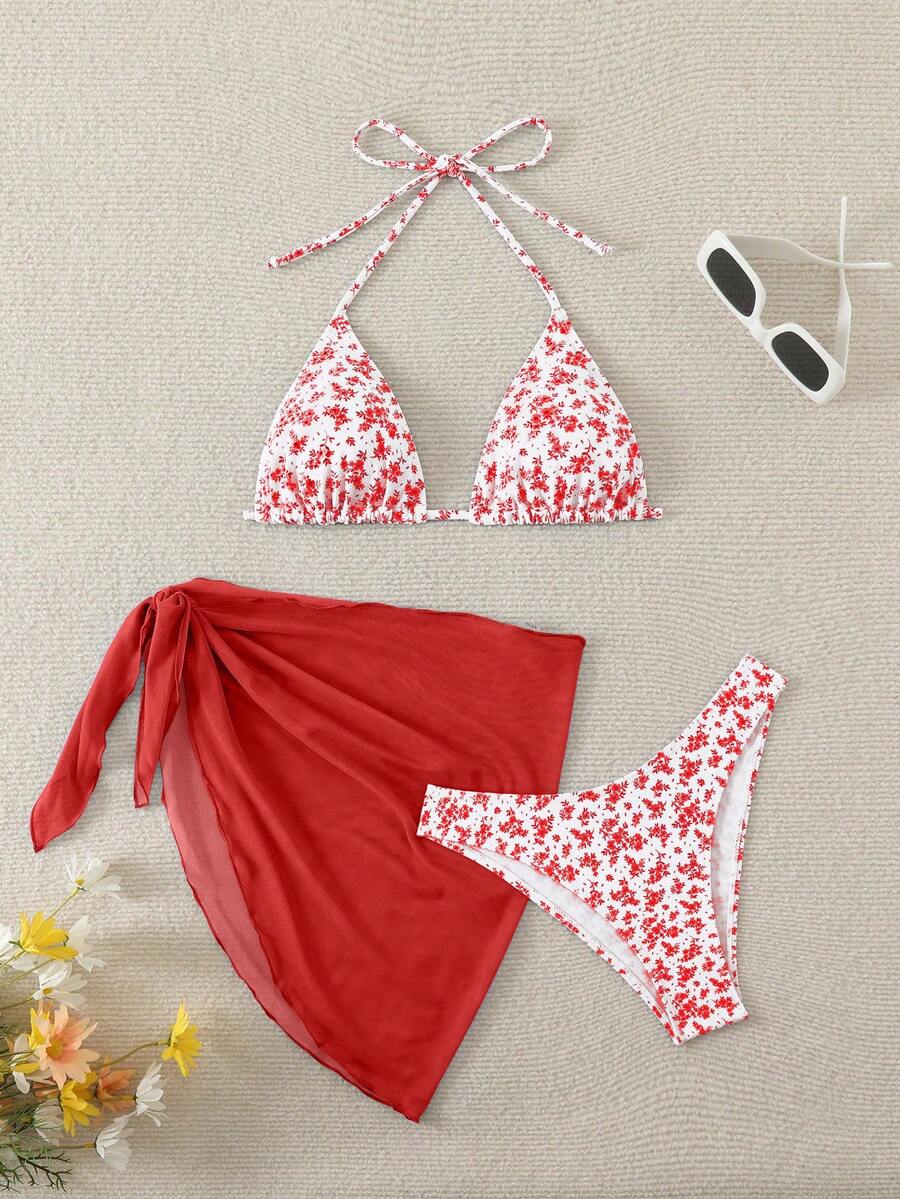 Women's 3-Piece Shell Print Bikini Set - V-Neck Halter, Triangle, Side Tie Skirt, Multicolor