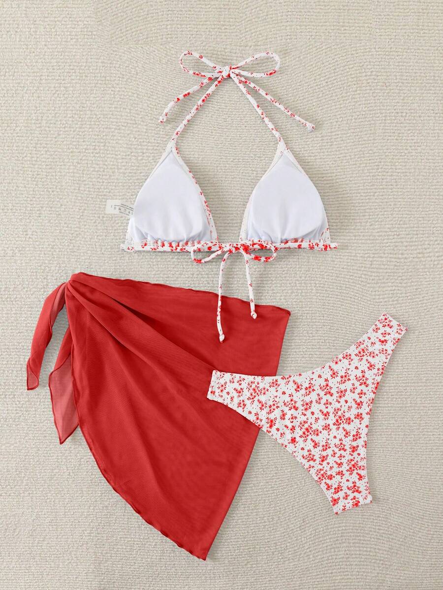 Women's 3-Piece Shell Print Bikini Set - V-Neck Halter, Triangle, Side Tie Skirt, Multicolor