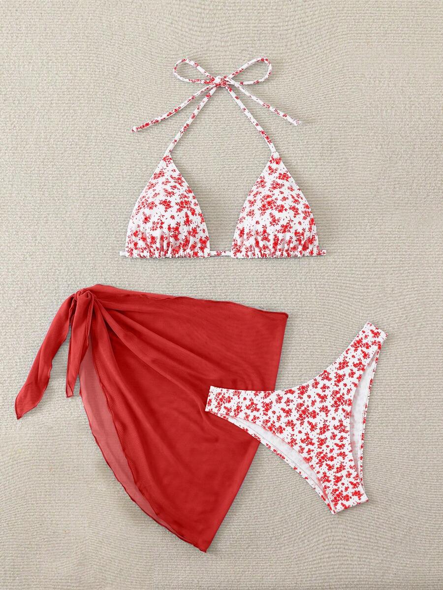 Women's 3-Piece Shell Print Bikini Set - V-Neck Halter, Triangle, Side Tie Skirt, Multicolor