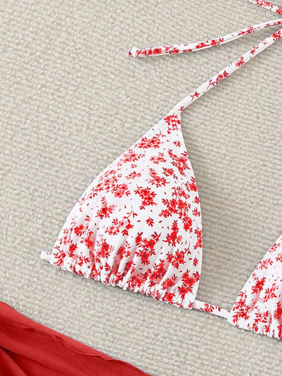 Women's 3-Piece Shell Print Bikini Set - V-Neck Halter, Triangle, Side Tie Skirt, Multicolor
