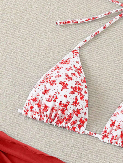 Women's 3-Piece Shell Print Bikini Set - V-Neck Halter, Triangle, Side Tie Skirt, Multicolor