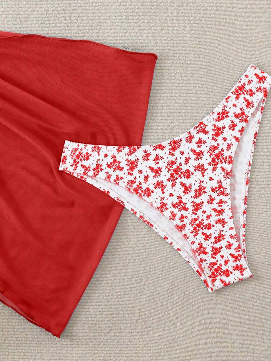 Women's 3-Piece Shell Print Bikini Set - V-Neck Halter, Triangle, Side Tie Skirt, Multicolor