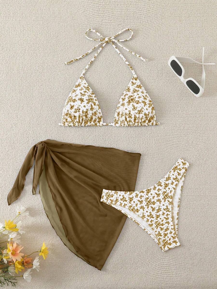 Women's 3-Piece Shell Print Bikini Set - V-Neck Halter, Triangle, Side Tie Skirt, Multicolor