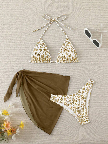 Women's 3-Piece Shell Print Bikini Set - V-Neck Halter, Triangle, Side Tie Skirt, Multicolor