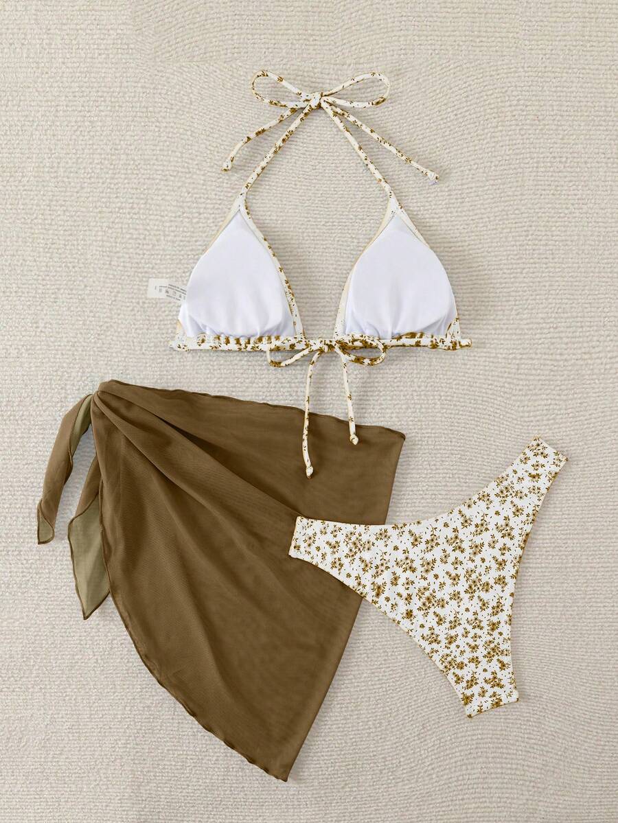 Women's 3-Piece Shell Print Bikini Set - V-Neck Halter, Triangle, Side Tie Skirt, Multicolor