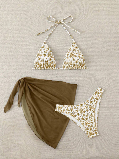 Women's 3-Piece Shell Print Bikini Set - V-Neck Halter, Triangle, Side Tie Skirt, Multicolor