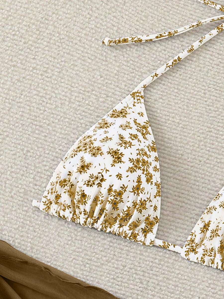 Women's 3-Piece Shell Print Bikini Set - V-Neck Halter, Triangle, Side Tie Skirt, Multicolor
