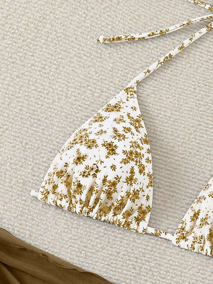 Women's 3-Piece Shell Print Bikini Set - V-Neck Halter, Triangle, Side Tie Skirt, Multicolor