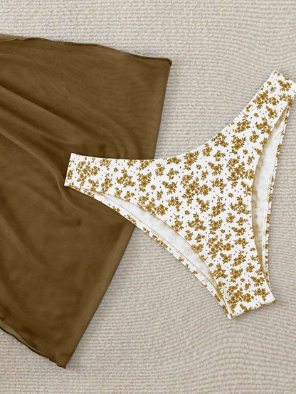 Women's 3-Piece Shell Print Bikini Set - V-Neck Halter, Triangle, Side Tie Skirt, Multicolor
