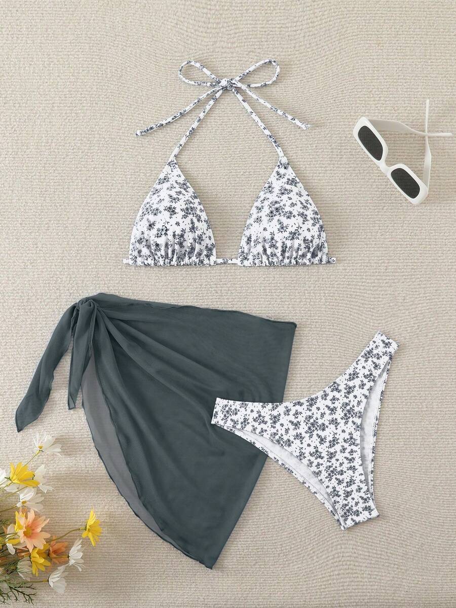 Women's 3-Piece Shell Print Bikini Set - V-Neck Halter, Triangle, Side Tie Skirt, Multicolor