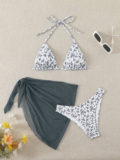 Women's 3-Piece Shell Print Bikini Set - V-Neck Halter, Triangle, Side Tie Skirt, Multicolor