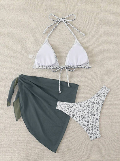 Women's 3-Piece Shell Print Bikini Set - V-Neck Halter, Triangle, Side Tie Skirt, Multicolor