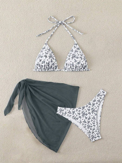 Women's 3-Piece Shell Print Bikini Set - V-Neck Halter, Triangle, Side Tie Skirt, Multicolor