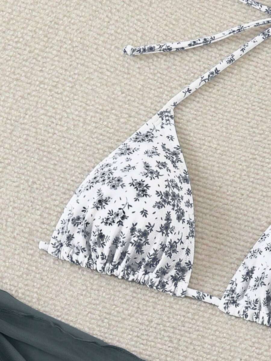 Women's 3-Piece Shell Print Bikini Set - V-Neck Halter, Triangle, Side Tie Skirt, Multicolor