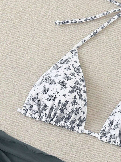 Women's 3-Piece Shell Print Bikini Set - V-Neck Halter, Triangle, Side Tie Skirt, Multicolor