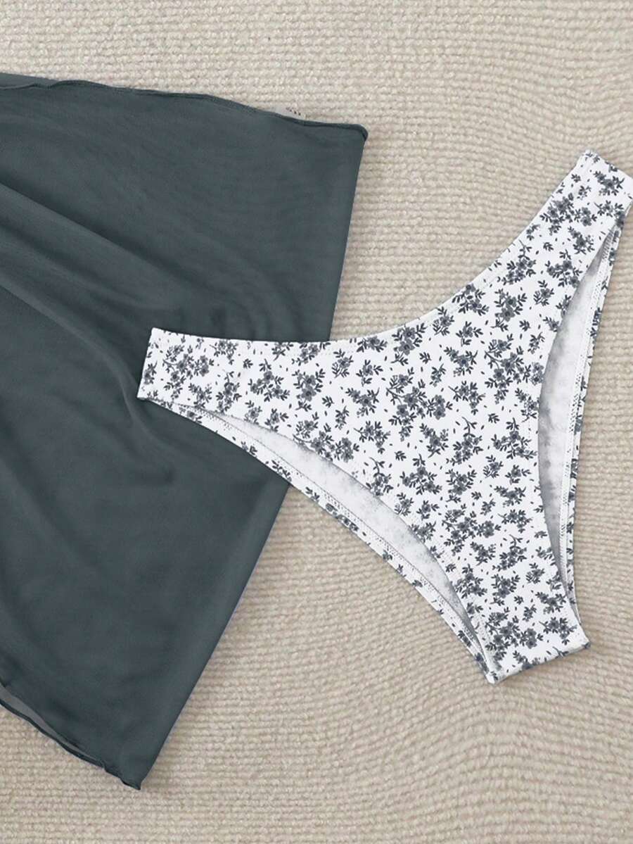 Women's 3-Piece Shell Print Bikini Set - V-Neck Halter, Triangle, Side Tie Skirt, Multicolor