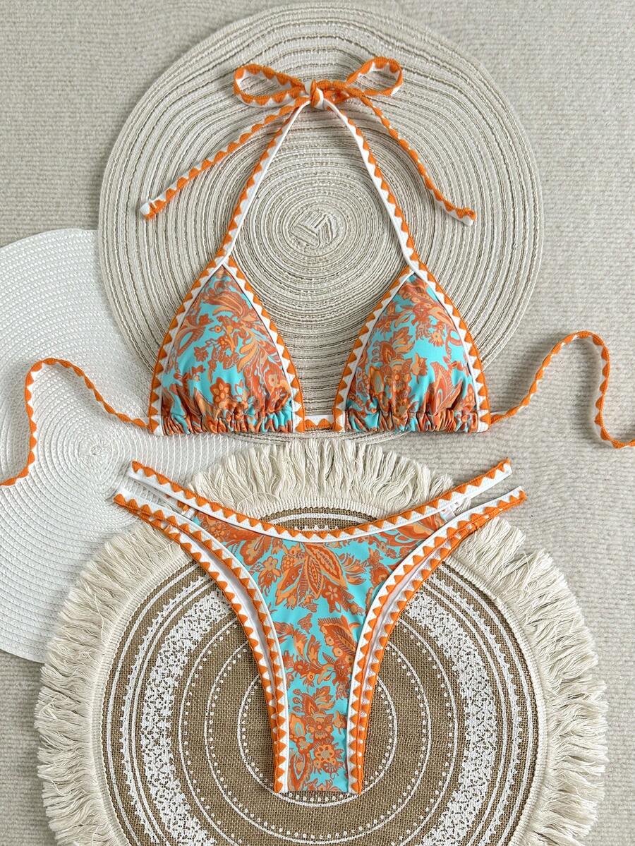 Women's 2-Piece Boho Halter Bikini Set - Tie Back, High Cut, Plant Print, Blue