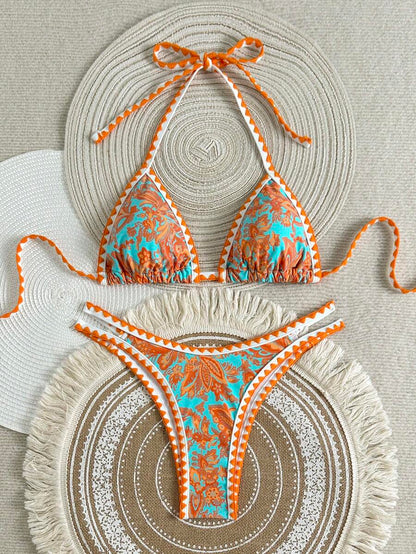 Women's 2-Piece Boho Halter Bikini Set - Tie Back, High Cut, Plant Print, Blue