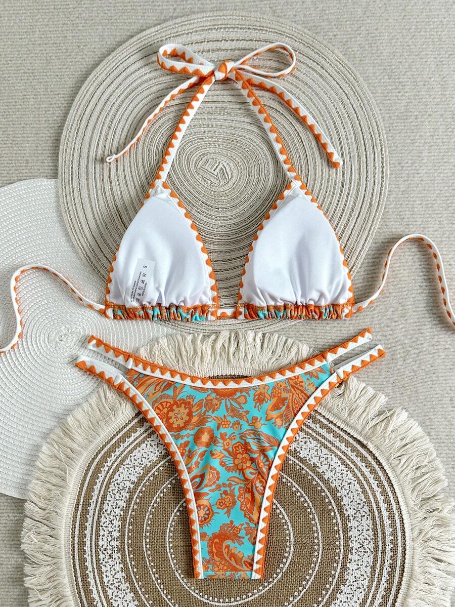 Women's 2-Piece Boho Halter Bikini Set - Tie Back, High Cut, Plant Print, Blue