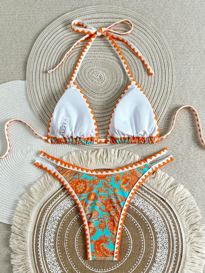 Women's 2-Piece Boho Halter Bikini Set - Tie Back, High Cut, Plant Print, Blue
