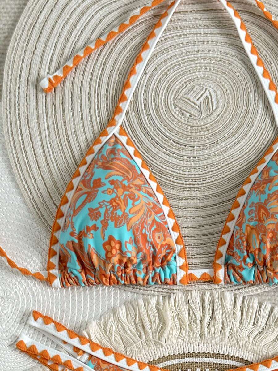 Women's 2-Piece Boho Halter Bikini Set - Tie Back, High Cut, Plant Print, Blue