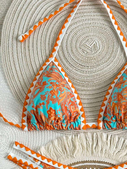 Women's 2-Piece Boho Halter Bikini Set - Tie Back, High Cut, Plant Print, Blue