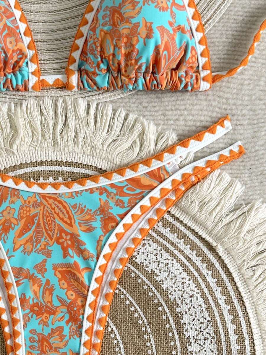 Women's 2-Piece Boho Halter Bikini Set - Tie Back, High Cut, Plant Print, Blue