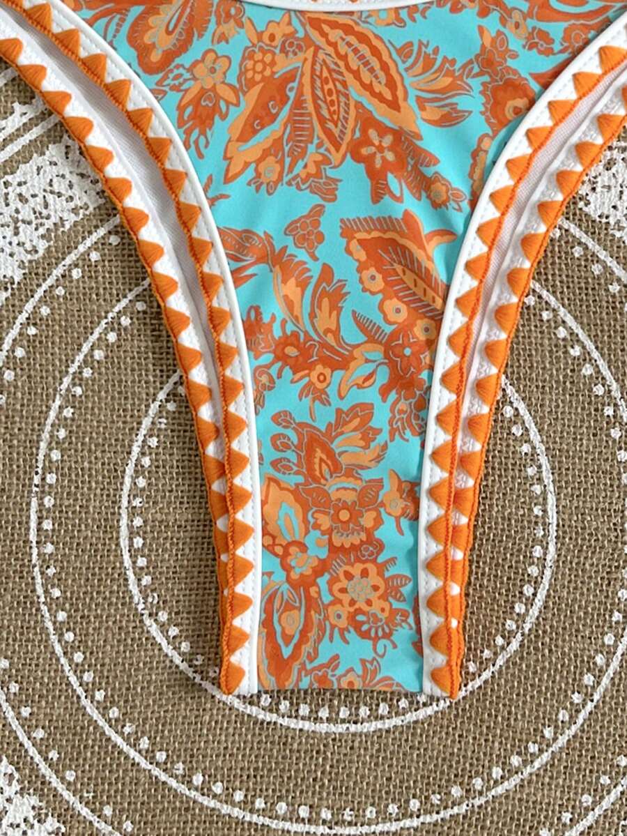 Women's 2-Piece Boho Halter Bikini Set - Tie Back, High Cut, Plant Print, Blue