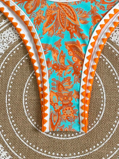 Women's 2-Piece Boho Halter Bikini Set - Tie Back, High Cut, Plant Print, Blue