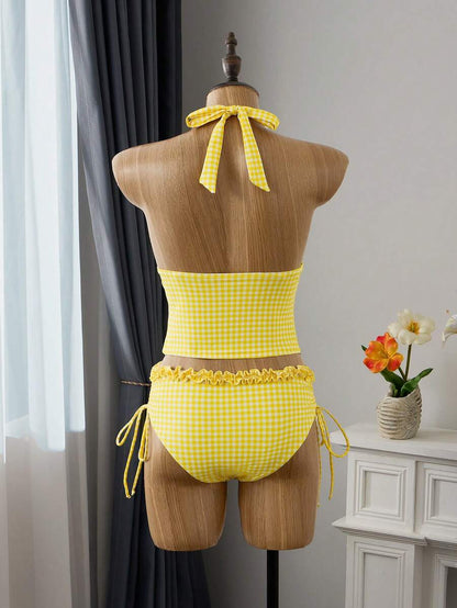 Women's 2-Piece Polka Dot Bikini Set - Ruffle Trim, Halter, Cropped Top, Black